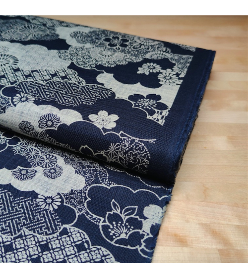 Tela japonesa Rustic Indigo. "Kumo to hana"