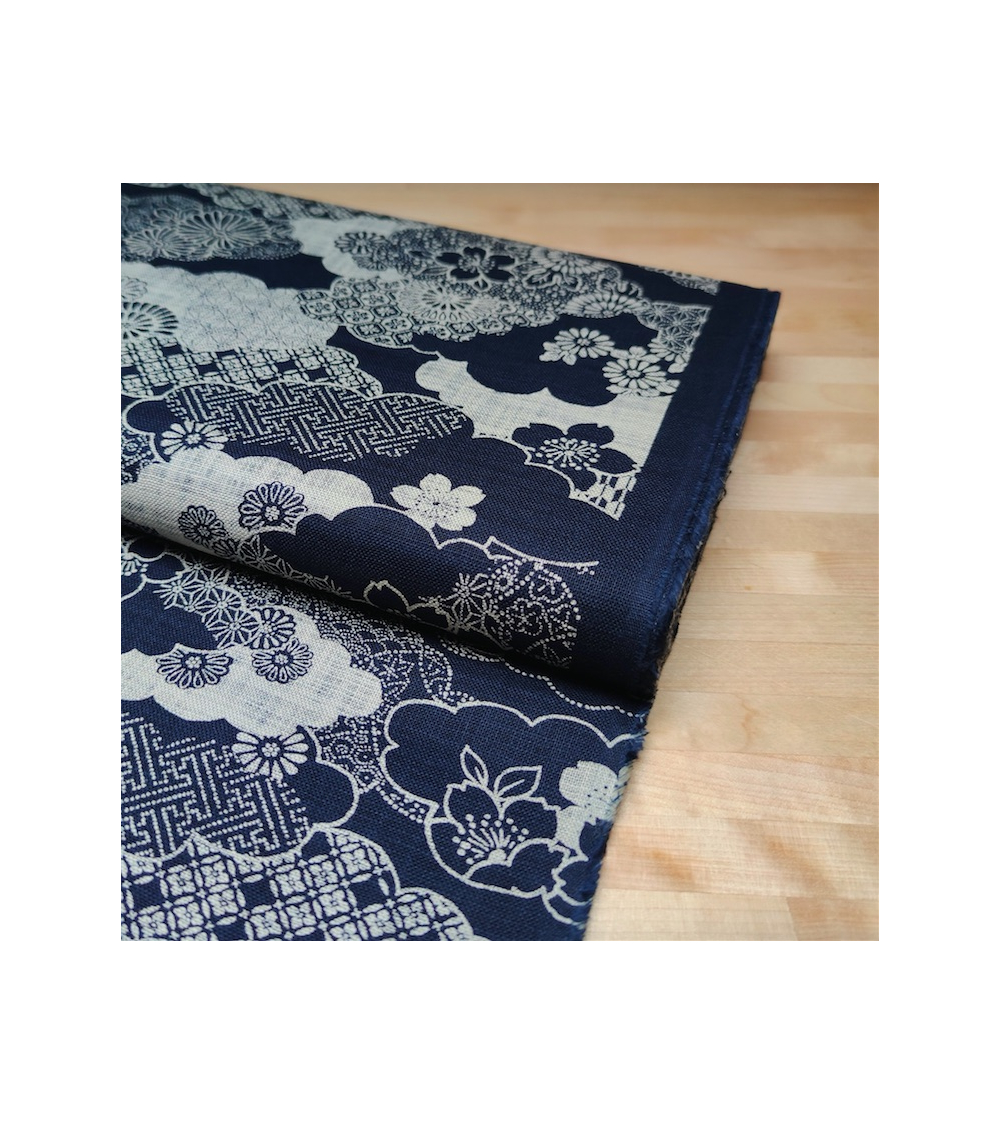 Tela japonesa Rustic Indigo. "Kumo to hana"