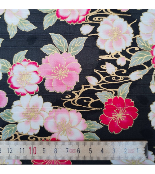 Tela japonesa en Satin de algodón "Sakura doble" negro.