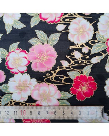 Tela japonesa en Satin de algodón "Sakura doble" negro.