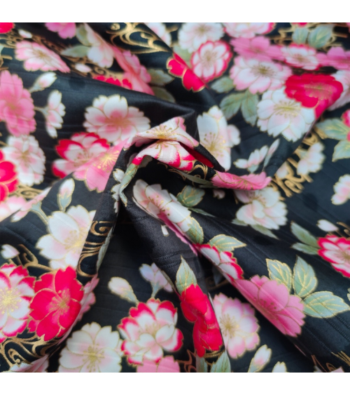 Tela japonesa en Satin de algodón "Sakura doble" negro.