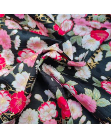 Tela japonesa en Satin de algodón "Sakura doble" negro.
