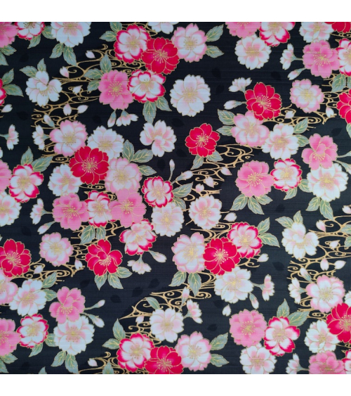 Tela japonesa en Satin de algodón "Sakura doble" negro.
