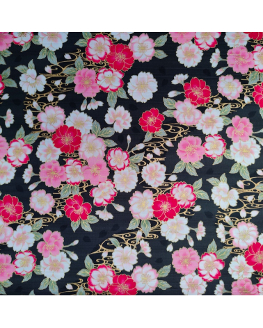 Tela japonesa en Satin de algodón "Sakura doble" negro.