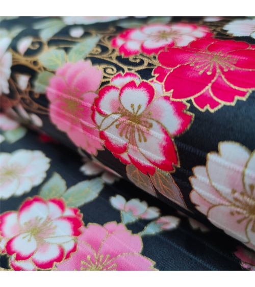Tela japonesa en Satin de algodón "Sakura doble" negro.