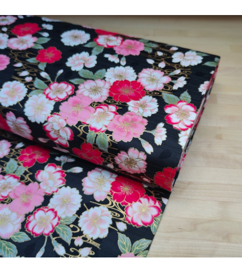 Tela japonesa en Satin de algodón "Sakura doble" negro.