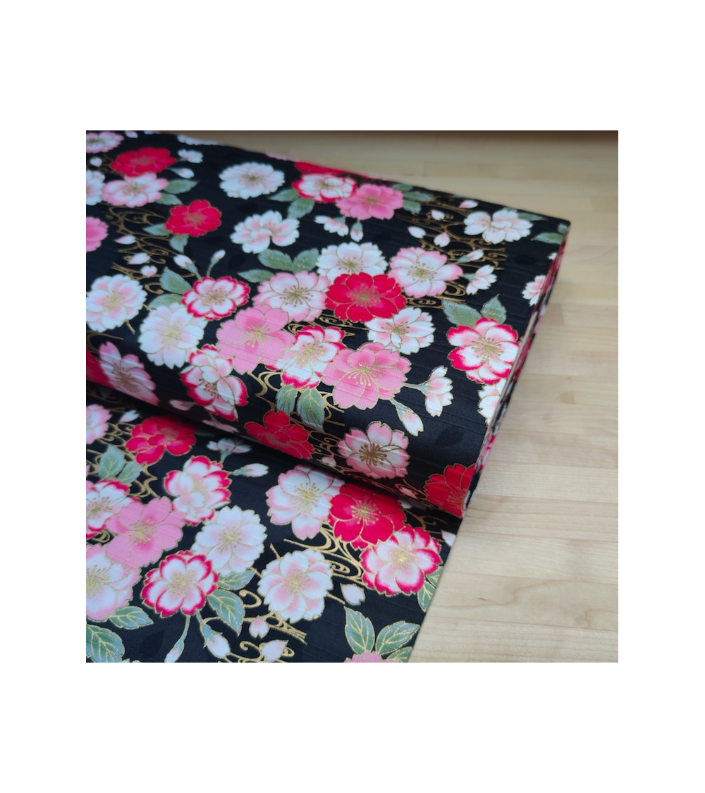 Tela japonesa en Satin de algodón "Sakura doble" negro.