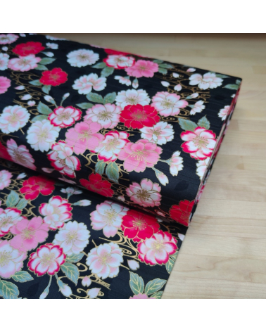 Tela japonesa en Satin de algodón "Sakura doble" negro.