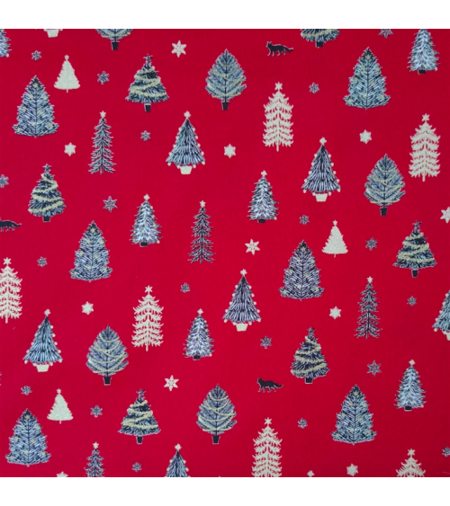 Tela japonesa de Navidad con abetos en rojo.