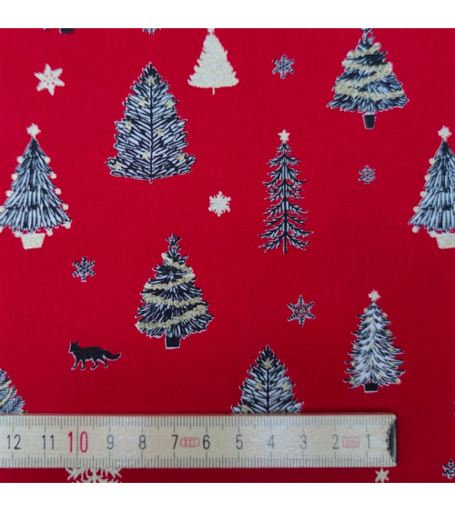 Japanese Christmas fabric with firs in red.