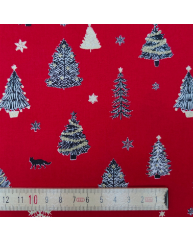 Japanese Christmas fabric with firs in red.