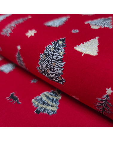 Tela japonesa de Navidad con abetos en rojo.
