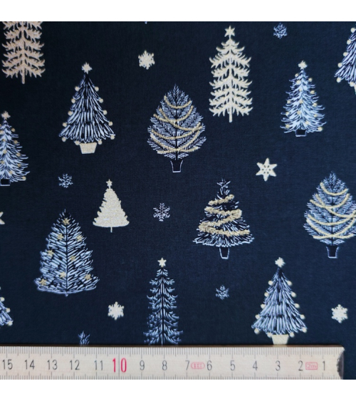 Japanese Christmas fabric with firs in black.