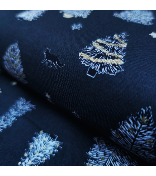 Japanese Christmas fabric with firs in black.