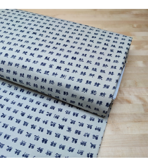 Japanese cotton fabric. Kanjis "names of fishes" over sand.
