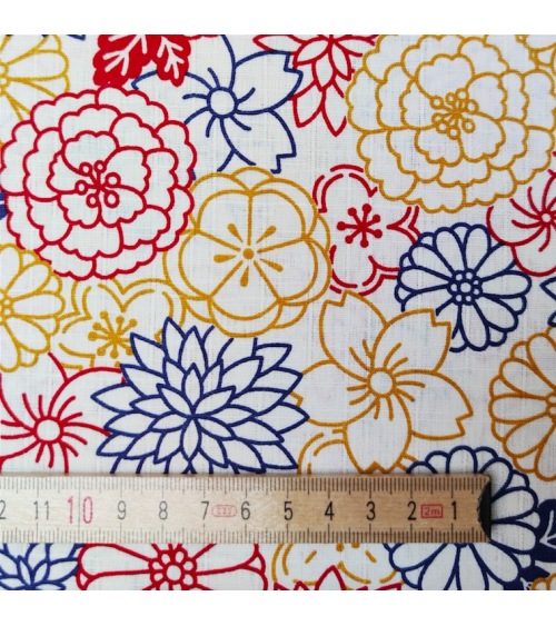 Japanese cotton fabric. Flowers on white dobby.