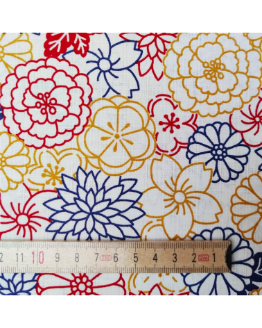 Japanese cotton fabric. Flowers on white dobby.
