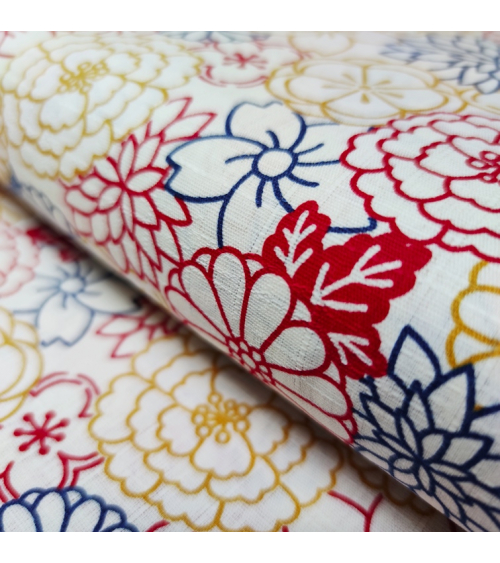 Japanese cotton fabric. Flowers on white dobby.