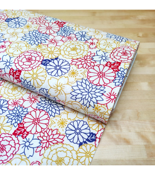 Japanese cotton fabric. Flowers on white dobby.