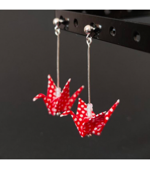 Pendientes grullas origami de lunares rojos y bolita de plata
