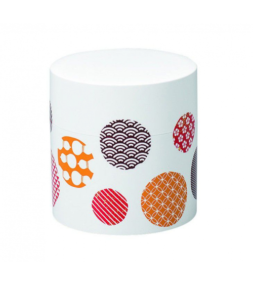 Bote para té con círculos con motivos japoneses y fondo blanco