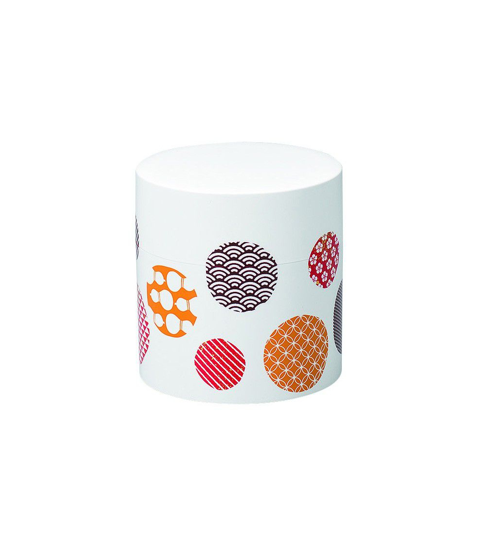 Bote para té con círculos con motivos japoneses y fondo blanco