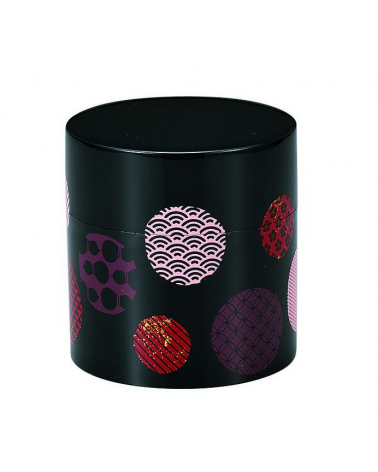 Bote para té con círculos con motivos japoneses y fondo negro