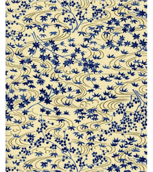 Papel Chiyogami de motivos vegetales en azul sobre fondo beige