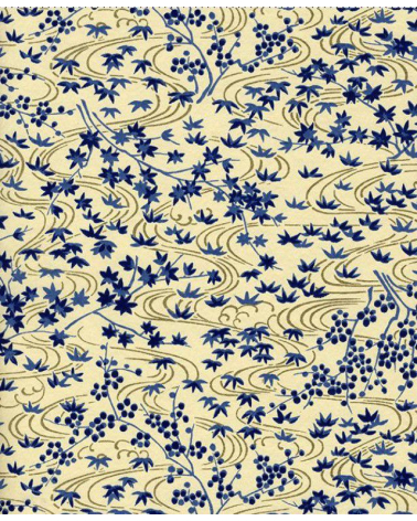 Papel Chiyogami de motivos vegetales en azul sobre fondo beige