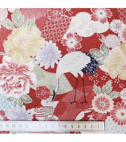 Japanese fabric with cranes and flowers in red in cotton crepe.