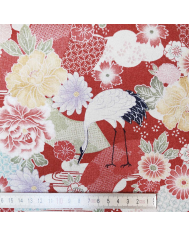 Japanese fabric with cranes and flowers in red in cotton crepe.