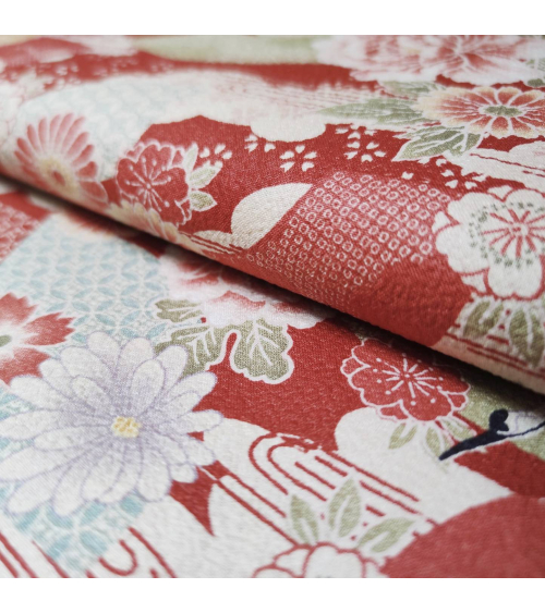 Japanese fabric with cranes and flowers in red in cotton crepe.