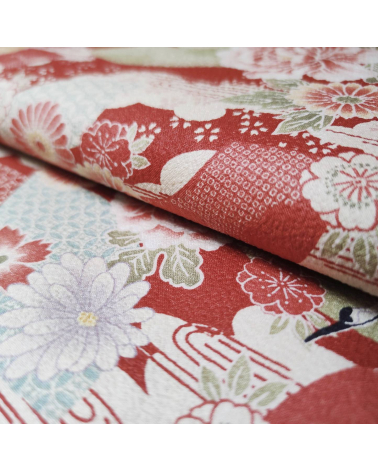 Japanese fabric with cranes and flowers in red in cotton crepe.