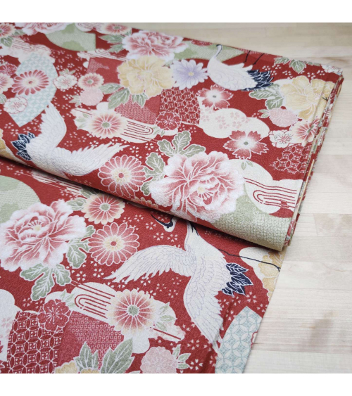 Japanese fabric with cranes and flowers in red in cotton crepe.