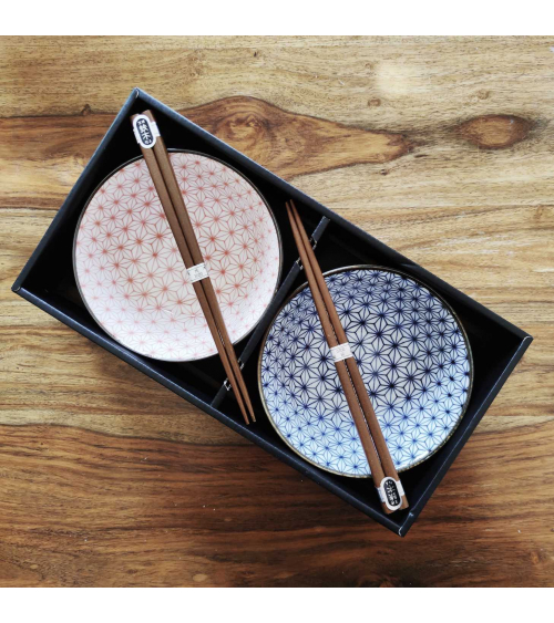 Set de donburi para dos "Asanoha" con palillos.