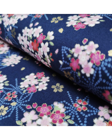 Japanese fabric with sakuras and asanoha on a blue background.
