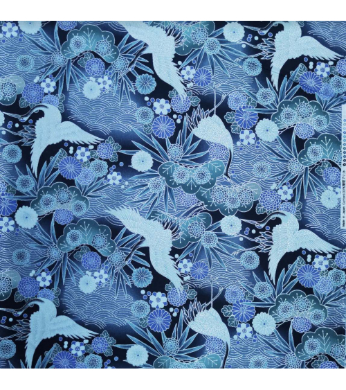 Japanese cotton fabric of cranes with silver details.