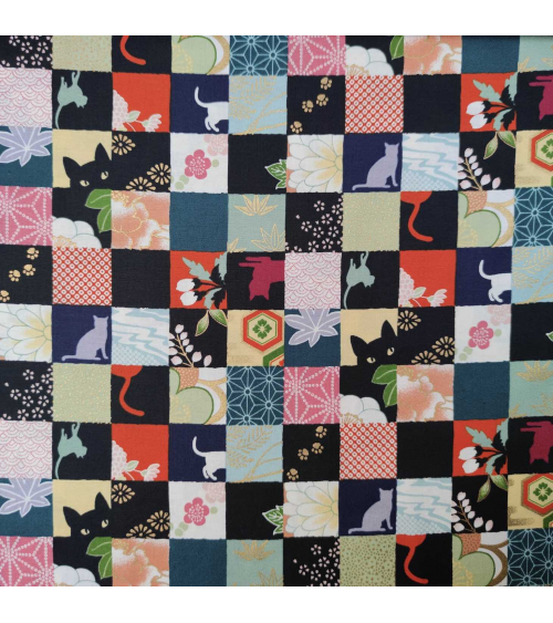 Japanese fabric. Cats Patchwork in bright colours.