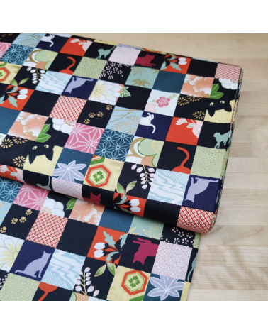 Japanese fabric. Cats Patchwork in bright colours.