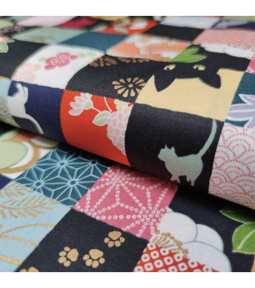 Japanese fabric. Cats Patchwork in bright colours.