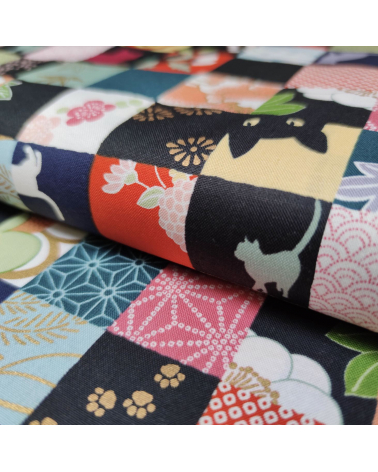 Japanese fabric. Cats Patchwork in bright colours.