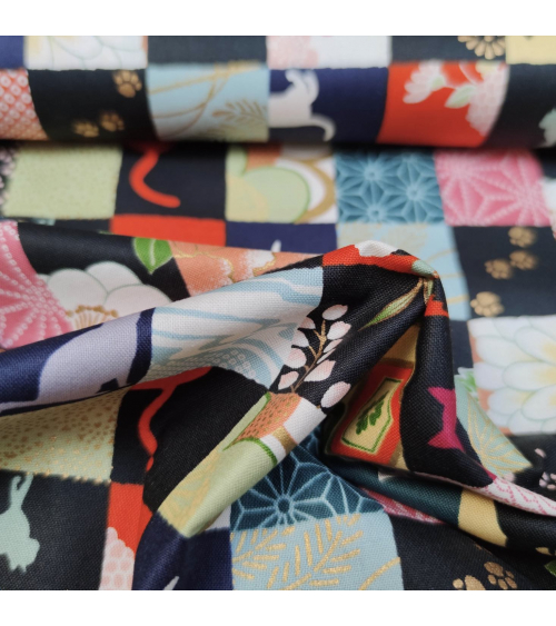 Japanese fabric. Cats Patchwork in bright colours.
