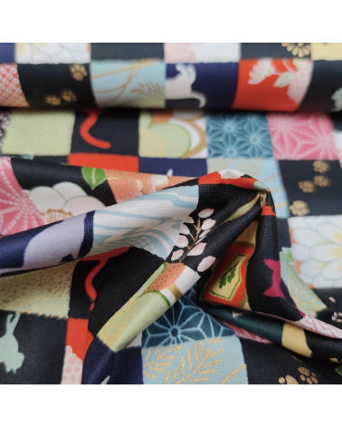 Japanese fabric. Cats Patchwork in bright colours.
