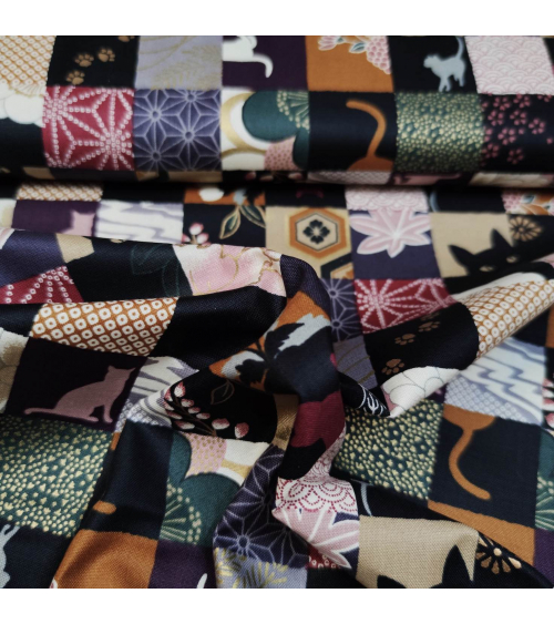 Tela japonesa. Patchwork Gato en colores apagados.