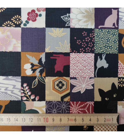 Tela japonesa. Patchwork Gato en colores apagados.