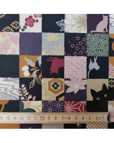 Tela japonesa. Patchwork Gato en colores apagados.