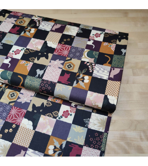 Japanese fabric. Cats Patchwork in subdued colours.