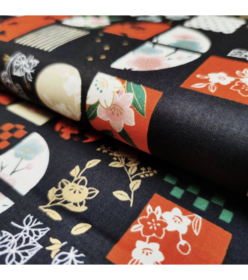 Japanese fabric "windows" in orange and green.