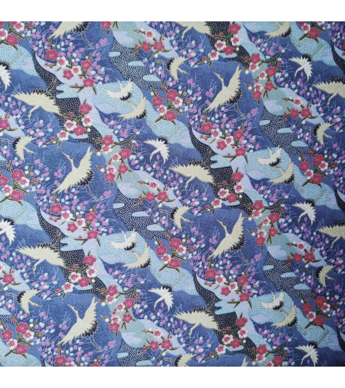 Japanese cotton fabric of cranes and ume with golden details.