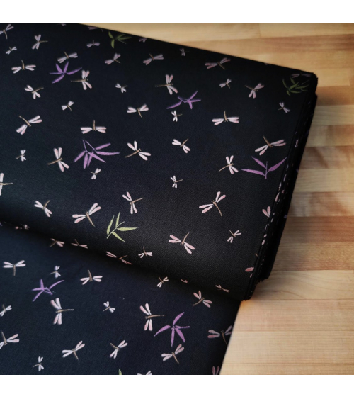 Japanese fabric. Dragonflies and bamboo over black